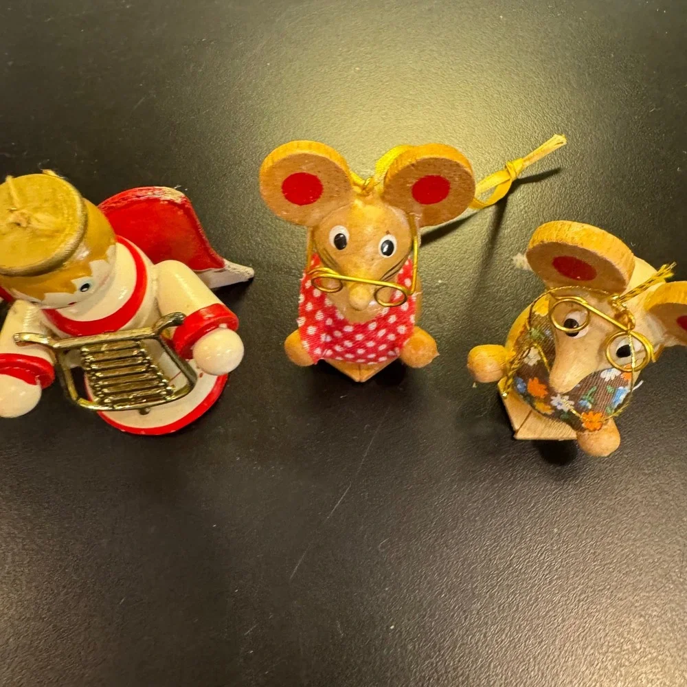 Vintage Christmas Ornaments Set of 3 Multicolor Wood Angel Mice Folk Art